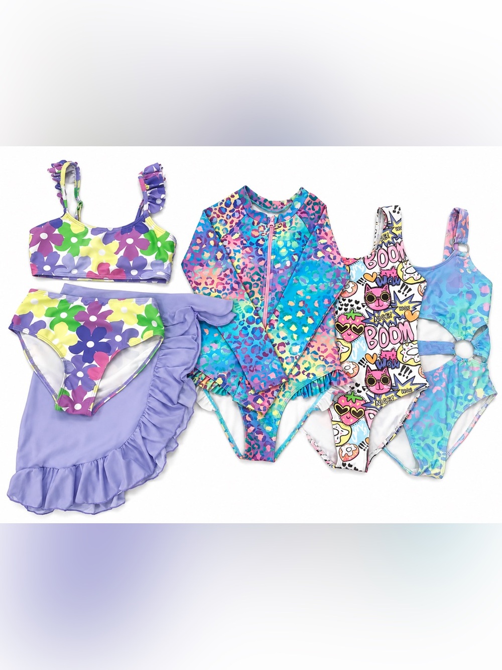 Girls Swimsuit Bundle 5 Pc Colorful One Piece Bikini Rash Guard Swimwear 7-8Y